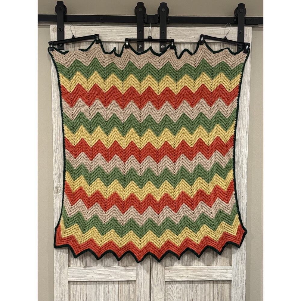 Zig Zag Chevron Crochet Afghan Throw Blanket Yellow Orange Green Multi 46x48”